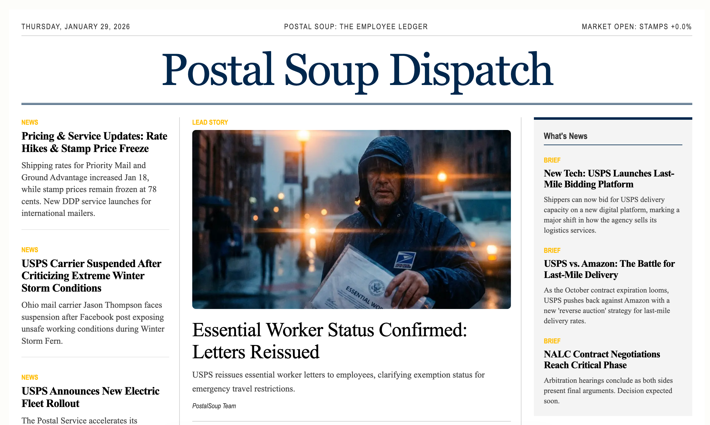 Postal Soup Dispatch Index Page showing automated news aggregation